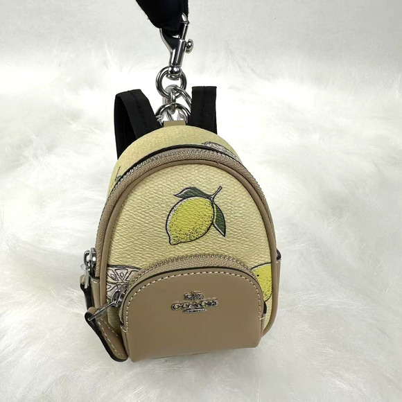 COACH Mini Court Backpack Bag Charm With Lemon Print In Canvas Yellow CAP03 NWT - Picture 1 of 7